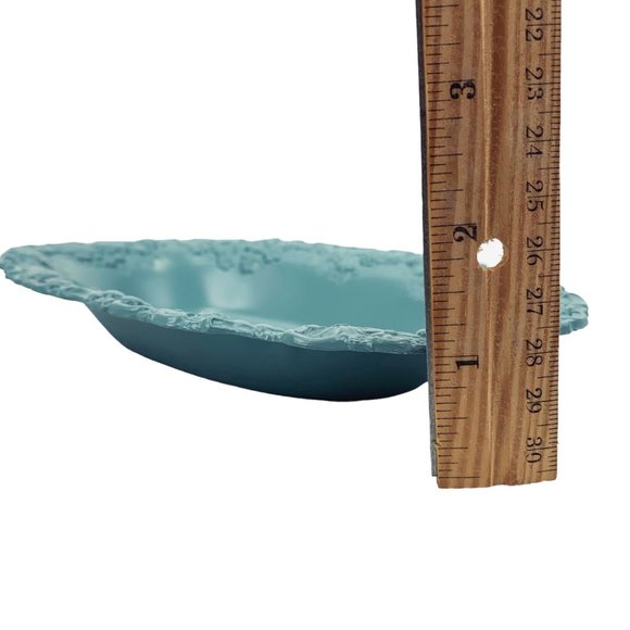 Vtg Trinket Dish Jewelry Tray Soap Blue Painted Metal High Relief Floral Ornate - Picture 9 of 10